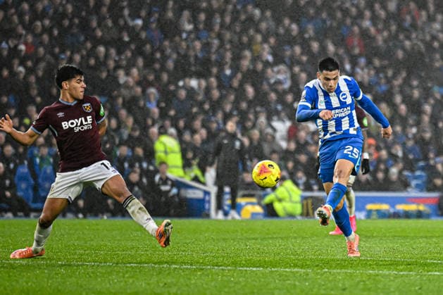 Brighton & Hove Albion v West Ham United - Premier League Diego Gomez of Brighton & Hove Albion shoots during the Premier League match between Brighton & Hove Albion and Aston Villa at the American Express Community Stadium in Brighton and Hove, on December 7, 2025. Brighton and Hove East Sussex United Kingdom  Copyright: xMIxNewsx originalFilename:fletcher-brighton251207_npJap.jpg