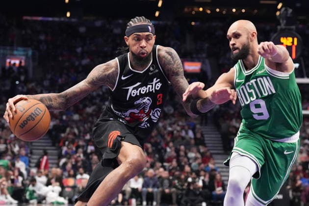 December 7, 2025, Toronto, On, CANADA: Toronto Raptors forward Brandon Ingram (3) drives at Boston Celtics guard Derrick White (9) during first half NBA, Basketball Herren, USA basketball action in Toronto on Sunday December 7, 2025. Brandon Ingram; Derrick White  - ZUMAc35_ 20251207_zaf_c35_084 Copyright: xChrisxYoungx