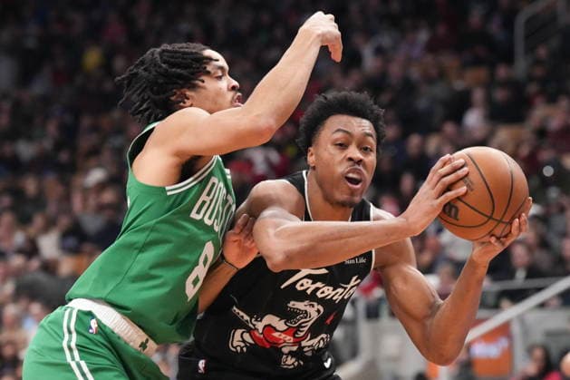December 7, 2025, Toronto, On, CAN: Toronto Raptors forward Scottie Barnes (4) drives past Boston Celtics forward Josh Minott (8) during first half NBA, Basketball Herren, USA basketball action in Toronto on Sunday, December 7, 2025. Scottie Barnes; Josh Minot  - ZUMAc35_ 20251207_zaf_c35_090 Copyright: xChrisxYoungx