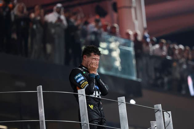 F1 Grand Prix Of Abu Dhabi 2025 The new F1 world champion Lando Norris of United Kingdom driving the F1 race car No 4, the McLaren MCL39 for the McLaren Formula 1 Team, on the podium tearful celebrating the 2025 driver s championship his first F1 title after the season ending race of 2025 Formula 1 Etihad Airways Abu Dhabi Grand Prix at Yas Marina Circuit. Abu Dhabi, United Arab Emirates on December 7, 2025. Abu Dhabi United Arab Emirates  Copyright: xNicolasxEconomoux originalFilename:economou-notitle251207_npXNS.jpg