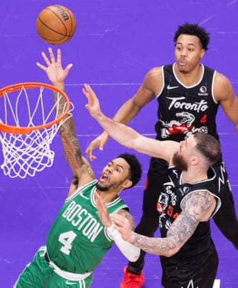(251208) -- TORONTO, Dec. 8, 2025 -- Anfernee Simons (L) of Boston Celtics goes for a layup during the 2025-2026 NBA, Basketball Herren, USA regular season game between Toronto Raptors and Boston Celtics in Toronto, Canada, on Dec. 7, 2025. (Photo by Xinhua) (SP) CANADA-TORONTO-BASKETBALL-NBA-CELTICS VS RAPTORS ZouxZheng 