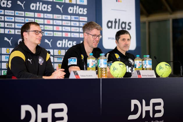 Handball, Womens World Championship, Germany Press conference Press spokesman Tobias Krumm, Coach Markus Gaugisch Germany , DHB Director of Sport Ingo Meckes Dortmund North Rhine-Westphalia Germany