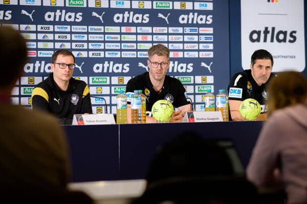 Handball, Womens World Championship, Germany Press conference Press spokesman Tobias Krumm, Coach Markus Gaugisch Germany , DHB Director of Sport Ingo Meckes Dortmund North Rhine-Westphalia Germany
