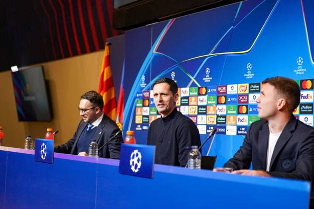 Football UEFA Champions League 2025 26 Press conference before the match FC Barcelona vs Eintracht Frankfurt Dino Toppmöller Dino Toppmoller Coach, Eintracht Frankfurt and Mario Götze Mario Gotze Eintracht Frankfurt, 27 Location PK Camp Nou Barcelona, Spain Copyright: xJOERANxSTEINSIEKx