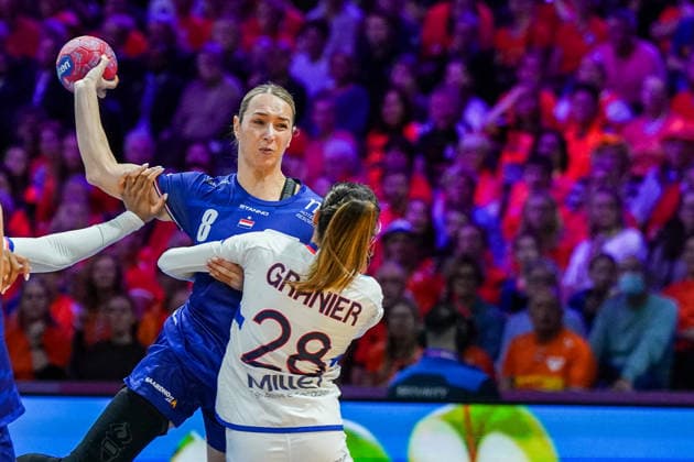 2025-12-08 Netherlands v France - IHF World Women s Handball Championship ROTTERDAM, NETHERLANDS - DECEMBER 8: Lois Abbingh of The Netherlands, Lucie Granier of France during the IHF World Women s Handball Championship match between Netherlands and France at Ahoy on December 8, 2025 in Rotterdam, Netherlands. Rotterdam Ahoy Netherlands Content not available for redistribution in The Netherlands directly or indirectly through any third parties. Copyright: xHenkxSeppenx