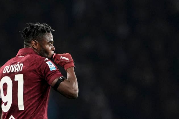 Torino™s Duvan Zapata celebrates after scoring the 2-0 goal for his team during the Serie A soccer match between Torino Fc and Milan at the Stadio Olimpico Grande Torino in Turin, north west Italy - Dicember 8, 2025. - Soccer  Copyright: xFabioxFerrari LaPressex