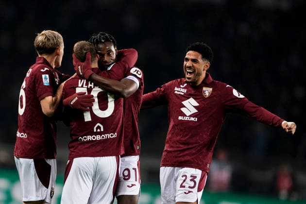 Torino™s Duvan Zapata celebrates after scoring the 2-0 goal for his team during the Serie A soccer match between Torino Fc and Milan at the Stadio Olimpico Grande Torino in Turin, north west Italy - Dicember 8, 2025. - Soccer  Copyright: xFabioxFerrari LaPressex