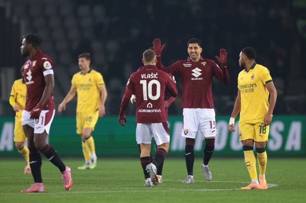 Turin, Italy, 8th December 2025. Nikola Vlasic of Torino FC celebrates with team mates after scoring a penalty to give the hosts a 1-0 lead during the Torino vs AC Milan Serie A match at Stadio Grande Torino, Turin. Picture credit should read: Jonathan Moscrop Sportimage EDITORIAL USE ONLY. No use with unauthorised audio, video, data, fixture lists, club league logos or live services. Online in-match use limited to 120 images, no video emulation. No use in betting, games or single club league player publications. SPI_017_JM_TORO_MILAN SPI-4323-0017