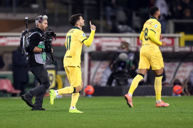Christian Pulisic (Ac Milan) celebrates after scoring his team s second goal, Serie A, Torino FC v Ac Milan, Olimpico, December 8, 2025, Turin, Italy.