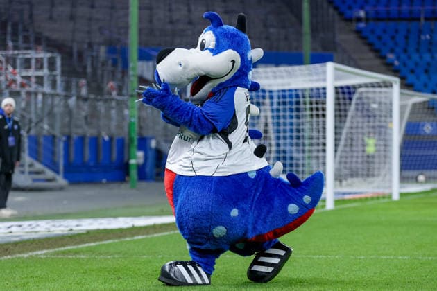 The HSV mascot Dino Hermann, mascot of Hamburger SV, THE DFB GUIDELINES PROHIBIT ANY USE OF PHOTOGRAPHS AS IMAGE SEQUENCES AND OR QUASI VIDEO DFB REGULATIONS PROHIBIT ANY USE OF PHOTOGRAPHS AS IMAGE SEQUENCES AND OR QUASI VIDEO , 08 12 2025, Hamburg Germany , Football, Google Pixel Women Bundesliga, Hamburger SV 1 FC Köln xobx