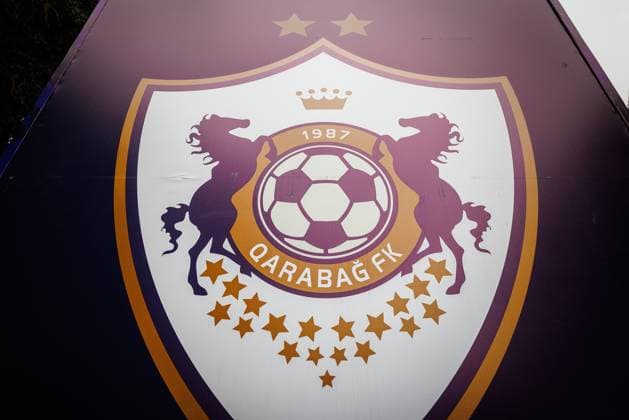 BAKU , 09-12-2025 , Tofiq Bahramov Stadion , Season 2025 2026 , UEFA Champions League football , Pressconference Ajax in Baku prior to the match between Qarabag FK and Ajax , picture shows qarabag logo Pressconference Ajax in Baku  x200075040x Copyright: