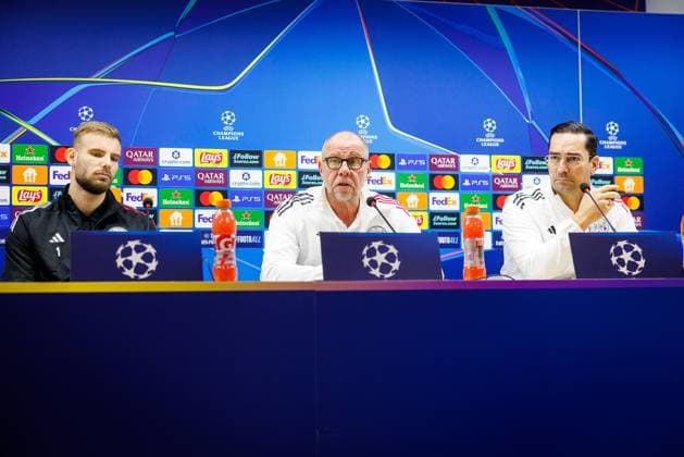 BAKU , 09-12-2025 , Tofiq Bahramov Stadion , Season 2025 2026 , UEFA Champions League football , Pressconference Ajax in Baku prior to the match between Qarabag FK and Ajax , picture shows, Ajax goalkeeper Vitezslav Jaros Ajax interim trainer coach Fred Grim Pressconference Ajax in Baku  x200075063x Copyright: