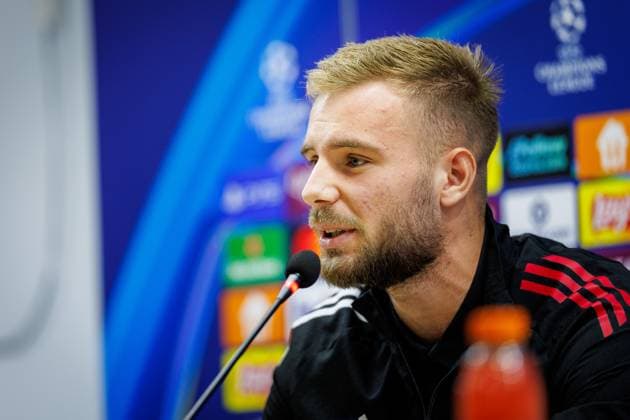 BAKU , 09-12-2025 , Tofiq Bahramov Stadion , Season 2025 2026 , UEFA Champions League football , Pressconference Ajax in Baku prior to the match between Qarabag FK and Ajax , picture shows Ajax goalkeeper Vitezslav Jaros Pressconference Ajax in Baku  x200075077x Copyright: