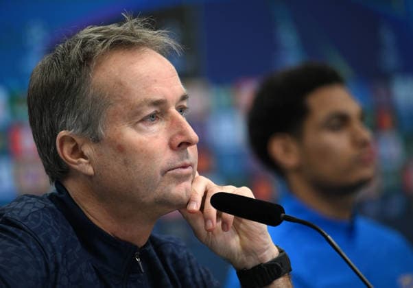 0912 2025, xophax, Football , UEFA Champions League , 2025 2026 , Bayer Leverkusen , Press conference before the match against Newcastle United Coach Kasper Hjulmand Bayer 04 Leverkusen and Jarell Quansah, right Bayer 04 Leverkusen