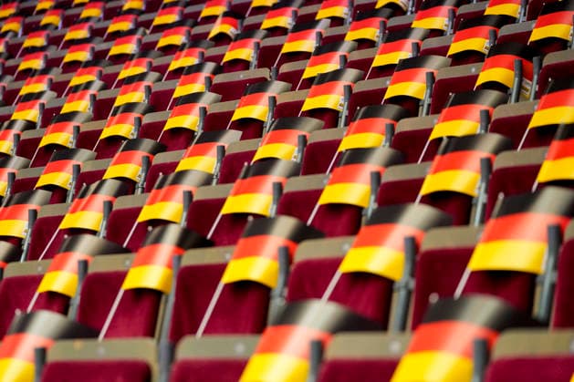 German flag on the seats for the fans during the 27th IHF Women s Handball World Championship Quarter final match between Germany and Brazil at Westfalenhalle on December 9, 2025 in Dortmund, Germany Photo by Alex Gottschalk DeFodi Images