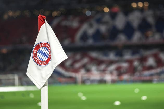 Sport, Football, UEFA Champions League Season 2025 2026 League Phase 6 Matchday FC Bayern Munich Sporting Clube de Portugal 09 12 2025, Allianz Arena Corner flag with the logo of FC Bayern Munich Munich Allianz Arena Bayern Germany
