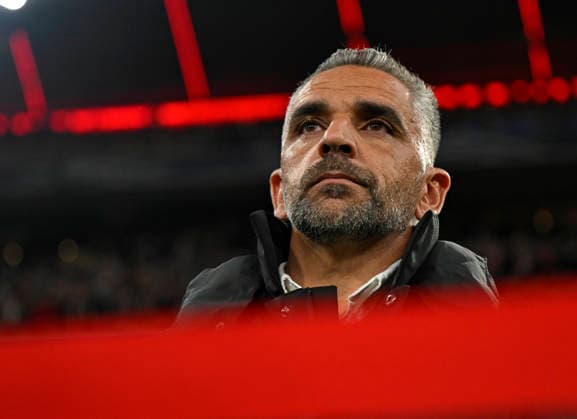 09 12 2025, Football UEFA Championsleague 2025 2026 Preliminary Round 6 Matchday, FC Bayern Munich Sporting Lisbon, at Allianz Arena Munich Coach Rui Borges Lisbon DFL and DFB regulations prohibit any use of photographs as image sequences and or quasi video