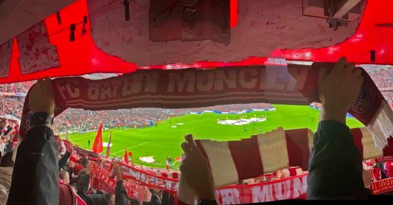 09 12 2025, Football UEFA Championsleague 2025 2026 Preliminary Round 6 Matchday, FC Bayern Munich Sporting Lisbon, in the Allianz Arena Munich Perspective from the fans DFL and DFB regulations prohibit any use of photographs as image sequences and or quasi video