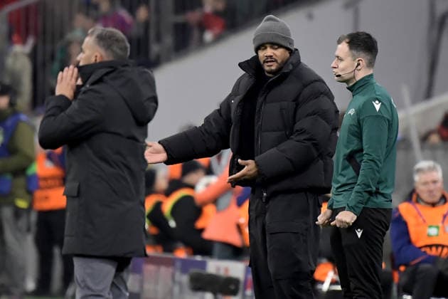 09 12 2025, xemx, Football UEFA Champions League, FC Bayern Muenchen Sporting Lisbon v l Coach head coach Vincent Kompany FC Bayern Muenchen Fourth Official Referee Donald Robertson Coach Coach Rui Borges Sporting Lisbon DFL DFB REGULATIONS PROHIBIT ANY USE OF PHOTOGRAPHS as IMAGE SEQUENCES and or QUASI VIDEO Muenchen