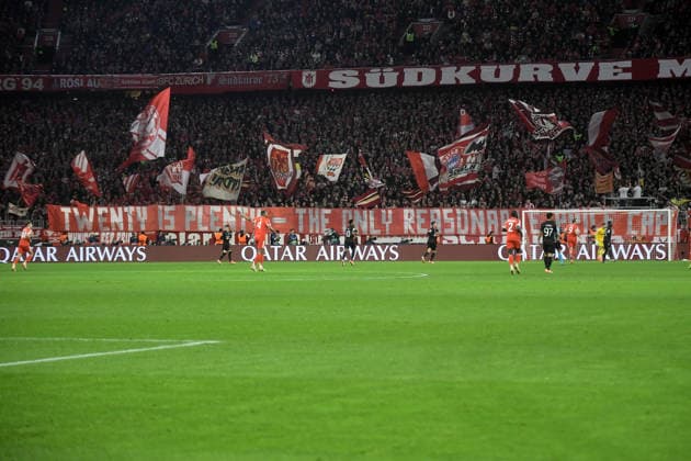 09 12 2025, xemx, Football UEFA Champions League, FC Bayern Muenchen Sporting Lisbon v l Bayern Muenchen Munich, fans, atmosphere, scarves, emotions, spectators, visitors, Ultras, Schickeria banner admission prices DFL DFB REGULATIONS PROHIBIT ANY USE OF PHOTOGRAPHS as IMAGE SEQUENCES and or QUASI VIDEO Muenchen