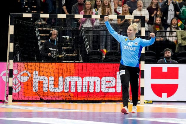 goalkeeper Katharina Filter Germany celebrates during the 27th IHF Women s Handball World Championship Quarter final match between Germany and Brazil at Westfalenhalle on December 9, 2025 in Dortmund, Germany Photo by Alex Gottschalk DeFodi Images