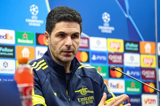 Arsenal s head coach Mikel Arteta pictured during a press conference, PK, Pressekonferenz of English soccer team Arsenal F.C., on Tuesday 09 December 2025 in Brugge. The team is preparing for tomorrow s game against Belgian Club Brugge KV, on day six of the League phase of the UEFA Champions League tournament. BRUNOxFAHY  x147722150x