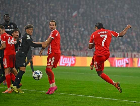 09 12 2025, Football UEFA Championsleague 2025 2026 Preliminary Round 6 Matchday, FC Bayern Munich Sporting Lisbon, at Allianz Arena Munich Serge Gnabry FC Bayern Munich scores to 1 1 DFL and DFB regulations prohibit any use of photographs as image sequences and or quasi video