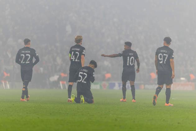 Dortmund, Germany 09 December 2025 Champions League 2025 2026 FC Bayern Munich vs Sporting Lisbon In the picture The players from Lisbon cheer after Kimmich FCBs own goal to 0 1 with his Allianz Arena Bayern Copyright: xFotostandx xSchäferx