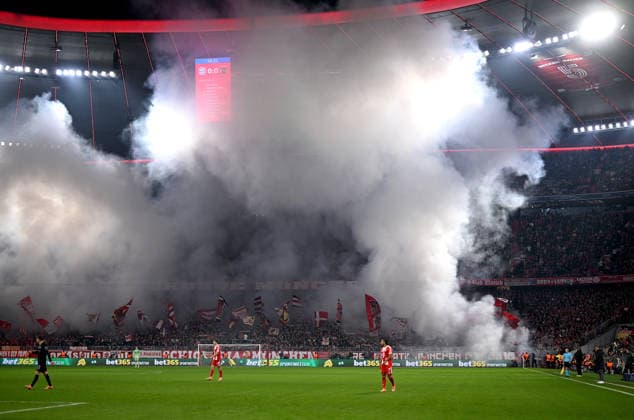 FOOTBALL CHAMPIONS LEAGUE SEASON 2025 2026 Preliminary Round 6 Matchday 09 12 2025 FC Bayern Muenchen Sporting Lisbon The FC Bayern Muenchen fans, Ultras in the Suedkurve end a firework display with pyro, the Allianz Arena is filled with fog and smoke, fireworks are burning