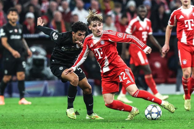 Sport, Football, UEFA Champions League Season 2025 2026 League Phase 6 Matchday FC Bayern Munich Sporting Clube de Portugal 09 12 2025, Allianz Arena Goncalo Inacio Sporting Lisbon, 25 Lennart Karl FC Bayern Munich, 42 Munich Allianz Arena Bayern Germany