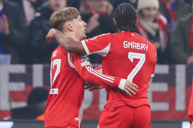 Lennart Karl FC Bayern Muenchen celebrates after scoring his teams second goal with Serge Gnabry FC Bayern Muenchen , UEFA Champions League 2025 26 League Phase MD6, FC Bayern München v Sporting Clube de Portugal, Football Arena Munich on December 09, 2025 in Munich, Germany Photo by Marco Steinbrenner DeFodi Images Lennart Karl FC Bayern Muenchen celebrates after scoring his teams second goal with Serge Gnabry FC Bayern Muenchen , UEFA Champions League 2025 26 League Phase MD6, FC Bayern München v Sporting Clube de Portugal, Football Arena Munich, December 9, 2025 in Munich, Germany Photo by Marco Steinbrenner DeFodi Images
