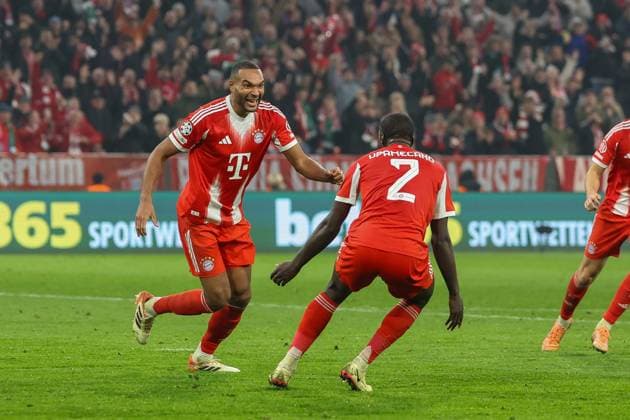 Goal celebration of Jonathan Tah 4 FC Bayern Muenchen to 3 1, FC Bayern Muenchen vs Sporting Lisbon, Football, Champions League, Matchday 6, 09 12 2025 Muenchen Bayern Germany Copyright: xkolbert-press ChristianxKolbertx