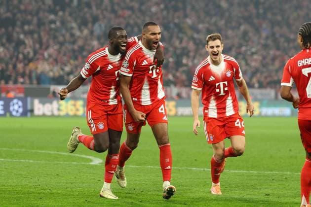 Dayot Upamecano 2 FC Bayern Muenchen , Jonathan Tah 4 FC Bayern Muenchen , Josip Stanisic 44 FC Bayern Muenchen to 3 1, FC Bayern Muenchen vs Sporting Lisbon, Football, Champions League, Matchday 6, 09 12 2025 Muenchen Bayern Germany Copyright: xkolbert-press ChristianxKolbertx