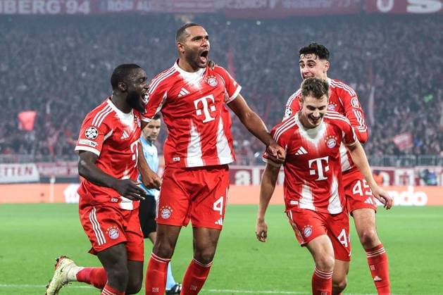 Sport, Football, UEFA Champions League Season 2025 2026 League Phase 6 Matchday FC Bayern Munich Sporting Clube de Portugal 09 12 2025, Allianz Arena Goal celebration FC Bayern Munich after the goal to 3 1 by Jonathan Tah FC Bayern Munich, 4 , the players are happy Munich Allianz Arena Bayern Germany