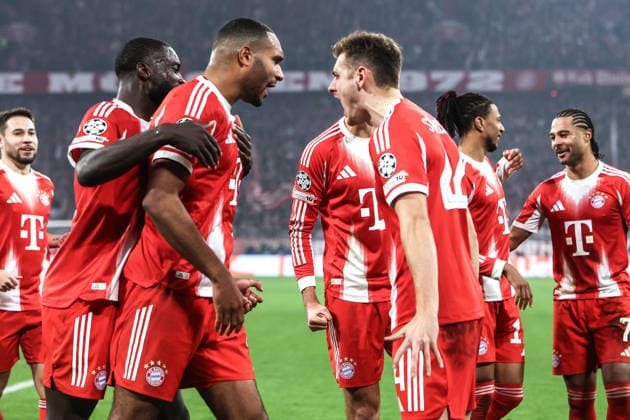 Sport, Football, UEFA Champions League Season 2025 2026 League Phase 6 Matchday FC Bayern Munich Sporting Clube de Portugal 09 12 2025, Allianz Arena Goal celebration FC Bayern Munich after the goal to 3 1 by Jonathan Tah FC Bayern Munich, 4 , the players are happy Munich Allianz Arena Bayern Germany