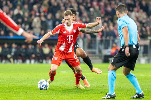 Joshua Kimmich 6 FC Bayern Muenchen in duel, FC Bayern Muenchen vs Sporting Clube de Portugal, Football, UEFA Champions League, Matchday 6, 09 12 2025 DFB regulations prohibit any use of photographs as image sequences and or quasi video Muenchen Bayern Germany Copyright: xkolbert-press UlrichxGamelx