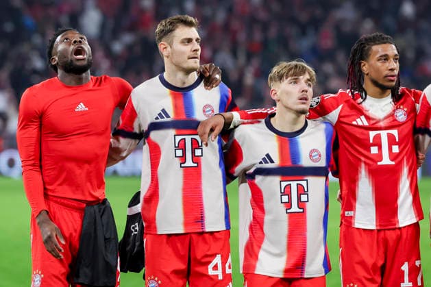 Alphonso Davies FC Bayern Muenchen , Josip Stanisic FC Bayern Muenchen , Joshua Kimmich FC Bayern Muenchen and Michael Olise FC Bayern Muenchen cheer, UEFA Champions League 2025 26 League Phase MD6, FC Bayern München v Sporting Clube de Portugal, Football Arena Munich on December 09, 2025 in Munich, Germany Photo by Marco Steinbrenner DeFodi Images Alphonso Davies FC Bayern Muenchen , Josip Stanisic FC Bayern Muenchen , Joshua Kimmich FC Bayern Muenchen and Michael Olise FC Bayern Muenchen cheer, UEFA Champions League 2025 26 League Phase MD6, FC Bayern München v Sporting Clube de Portugal, Football Arena Munich, December 9, 2025 in Munich, Germany Photo by Marco Steinbrenner DeFodi Images