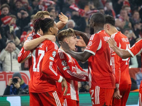 Bayern cheering for goal scorer 46 Lennart KARL after scoring to 2 1 Football Bayern Lisbon Football Champions League, FC Bayern Munich Sporting Lisbon, matchday 6, season 2025 2026, on 9 12 2025 in Munich, A L L I A N Z A R E N A, Germany Source Copyright Credit Oryk HAIST xFUSSBALL-BAYERN-SPORTINGx