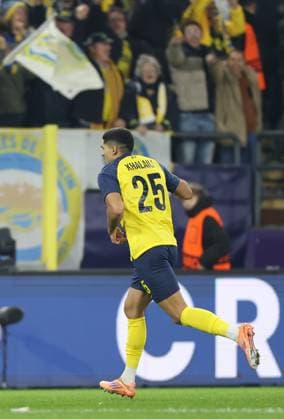 Union s Anan Khalaili celebrates after scoring during a soccer game between Belgian Royale Union Saint-Gilloise and French Olympique de Marseille, on Tuesday 09 December 2025 in Brussels, on the sixth day of the League phase of the UEFA Champions League tournament. VIRGINIExLEFOUR  x147740863x