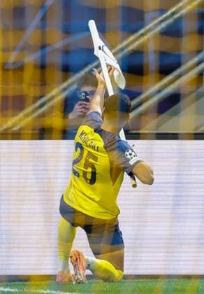 Union s Anan Khalaili celebrates after scoring during a soccer game between Belgian Royale Union Saint-Gilloise and French Olympique de Marseille, on Tuesday 09 December 2025 in Brussels, on the sixth day of the League phase of the UEFA Champions League tournament. VIRGINIExLEFOUR  x147740920x