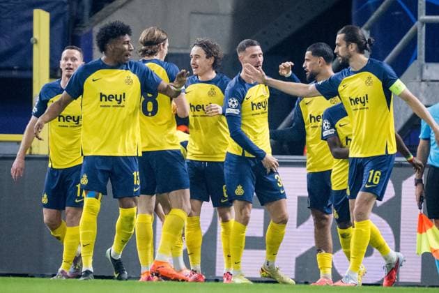 Union s Anan Khalaili celebrates after scoring during a soccer game between Belgian Royale Union Saint-Gilloise and French Olympique de Marseille, on Tuesday 09 December 2025 in Brussels, on the sixth day of the League phase of the UEFA Champions League tournament. JASPERxJACOBS  x147741131x