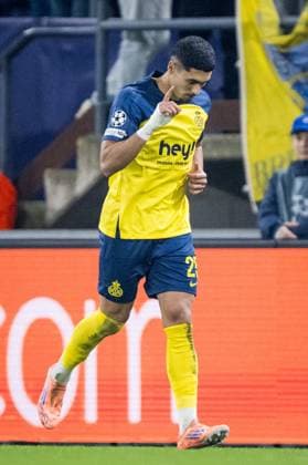 Union s Anan Khalaili celebrates after scoring during a soccer game between Belgian Royale Union Saint-Gilloise and French Olympique de Marseille, on Tuesday 09 December 2025 in Brussels, on the sixth day of the League phase of the UEFA Champions League tournament. JASPERxJACOBS  x147741252x