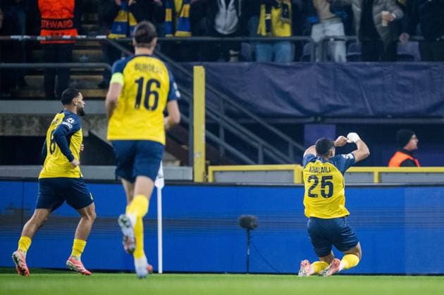 Union s Anan Khalaili celebrates after scoring during a soccer game between Belgian Royale Union Saint-Gilloise and French Olympique de Marseille, on Tuesday 09 December 2025 in Brussels, on the sixth day of the League phase of the UEFA Champions League tournament. JASPERxJACOBS  x147742124x