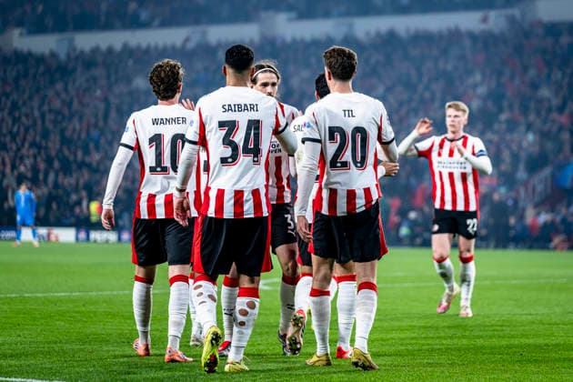 PSV Eindhoven midfielder Guus Til celebrating the goal 1 0, during the match PSV Eindhoven vs Atletico de Madrid at the Philips stadium for the Champions League phase Matchday 6 season 2025 2026 in EINDHOVEN, Netherlands on 9 December 2025, photo by Stefan Koops EYE4images DeFodi Images