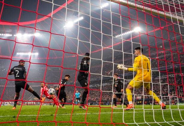 09 12 2025, Football UEFA Championsleague 2025 2026 Preliminary Round 6 Matchday, FC Bayern Munich Sporting Lisbon, at Allianz Arena Munich 3 1 by Jonathan Tah FC Bayern Munich vs Goalkeeper Rui Silva Sporting Lisbon DFL and DFB regulations prohibit any use of photographs as image sequences and or quasi video