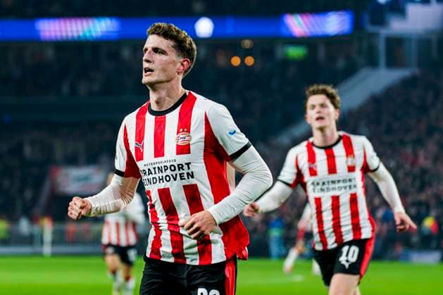 Guus Til of PSV Eindhoven celebrates after scoring his teams first goal PSV Eindhoven v Atletico de Madrid, UEFA Champions League 2025 26 League Phase MD6, PSV Eindhoven v Atletico de Madrid, PSV Stadion, December 9, 2025, Eindhoven, Netherlands.