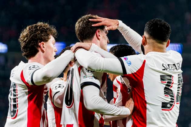 Guus Til of PSV Eindhoven celebrates with Ismael Saibari of PSV Eindhoven and Paul Wanner of PSV Eindhoven after scoring his teams first goal PSV Eindhoven v Atletico de Madrid, UEFA Champions League 2025 26 League Phase MD6, PSV Eindhoven v Atletico de Madrid, PSV Stadion, December 9, 2025, Eindhoven, Netherlands.