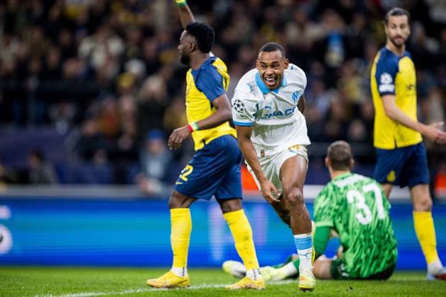 Marseille s Igor Paixao celebrates after scoring during a soccer game between Belgian Royale Union Saint-Gilloise and French Olympique de Marseille, on Tuesday 09 December 2025 in Brussels, on the sixth day of the League phase of the UEFA Champions League tournament. JASPERxJACOBS  x147744076x