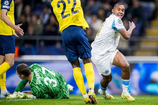 Marseille s Igor Paixao celebrates after scoring during a soccer game between Belgian Royale Union Saint-Gilloise and French Olympique de Marseille, on Tuesday 09 December 2025 in Brussels, on the sixth day of the League phase of the UEFA Champions League tournament. JASPERxJACOBS  x147744141x