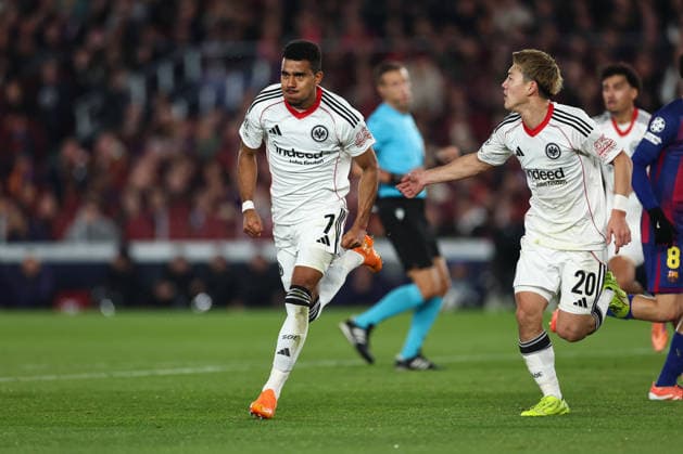 09 12 2025, Football UEFA Champions League, FC Barcelona Eintracht Frankfurt, v l , Goal celebration to 0 1 by Ansgar Knauff Eintracht Frankfurt , Goal celebration, celebrate the goal, Ritsu Doan Eintracht Frankfurt DFL DFB REGULATIONS PROHIBIT ANY USE OF PHOTOGRAPHS AS IMAGE SEQUENCES AND OR QUASI VIDEO xdcx Copyright: HMBxMedia Claus